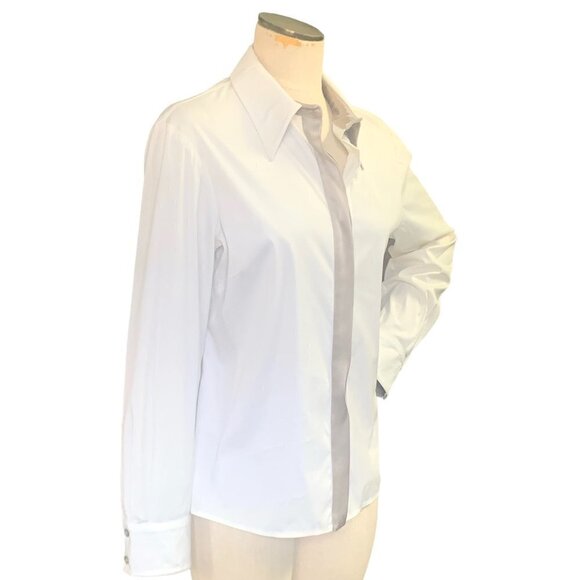 ST. JOHN Cotton Blend Satin Trim Button Down Top Sz 10 #139C - Picture 3 of 14